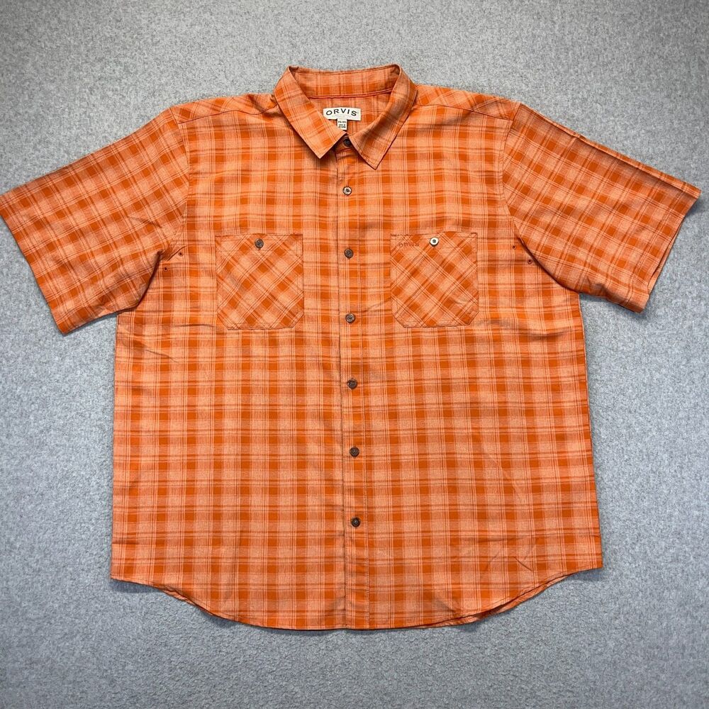 Orvis Button-Up Shirt Men’s 2XL Orange Plaid Short Sleeve Embroider Logo Pocket